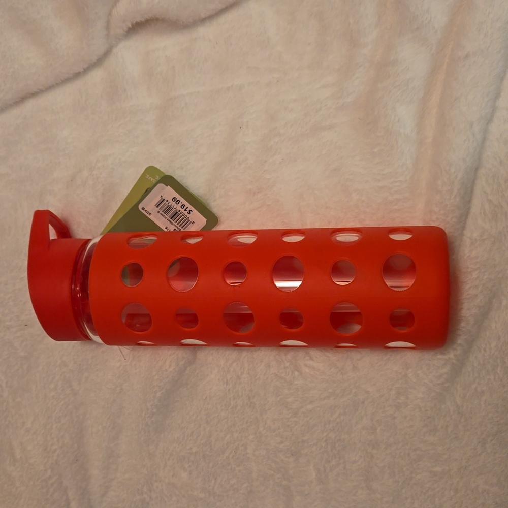 Red glass water bottle with Straw